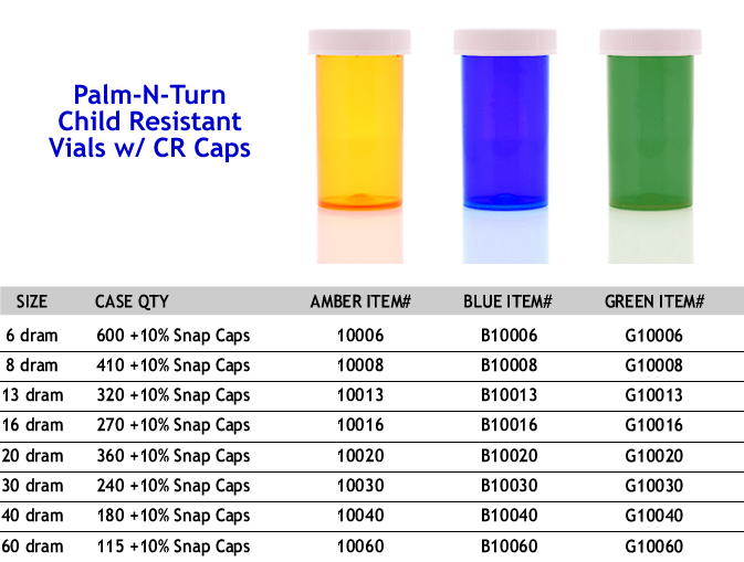 Vials - Push & Turn - 6 dram thru 60 dram - optional Vet/Pet Logo Cap