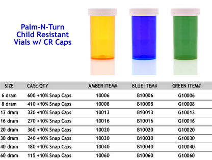 Vials - Push & Turn - 6 dram thru 60 dram - optional Vet/Pet Logo Cap