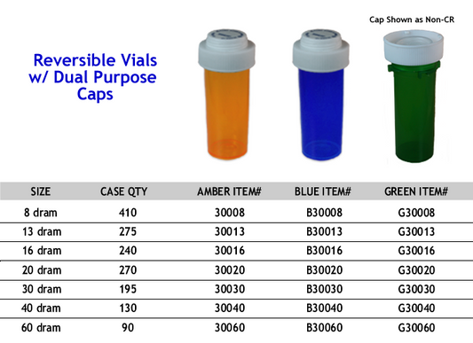 Vials - Reversible Cap - 8 dram thru 60 dram - optional Vet/Pet Logo Cap