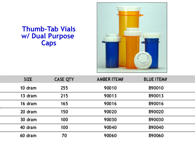 Vials - Thumb Tab w/ Rev Cap: 10 Dram thru 60 dram - optional Vet/Pet Logo Cap