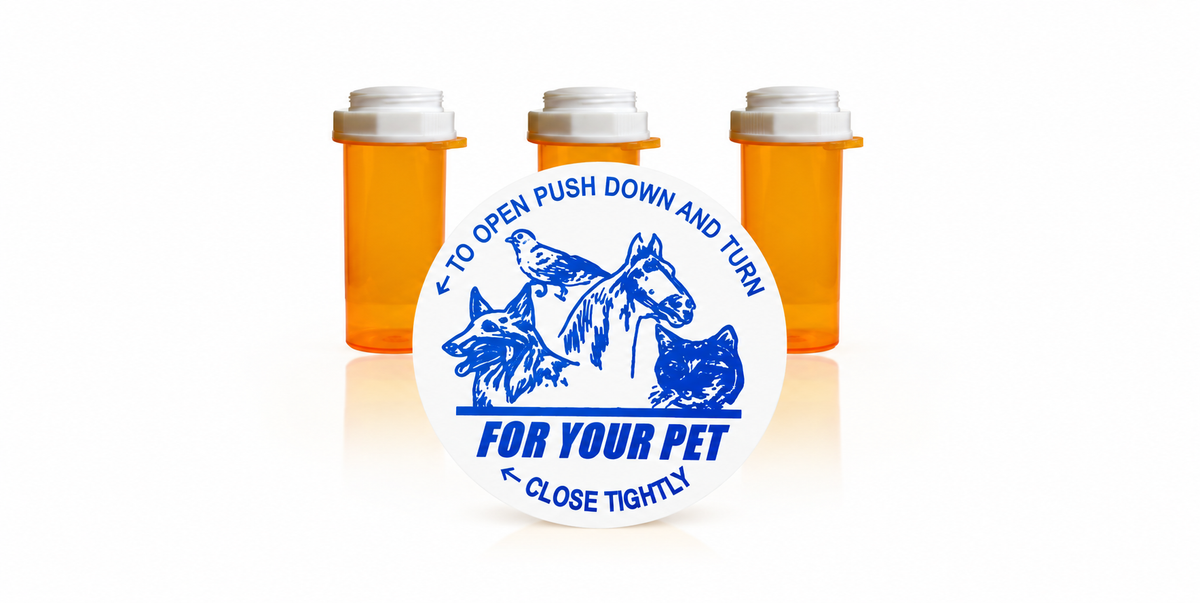 Vials - Thumb Tab w/ Rev Cap: 10 Dram thru 60 dram - optional Vet/Pet Logo Cap